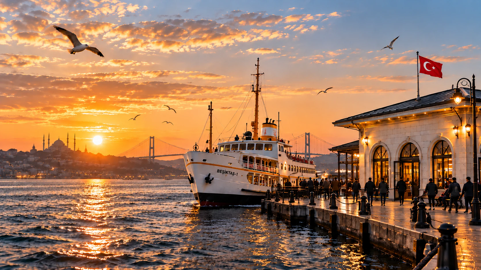 A ferry approaching Beşiktaş Pier at sunset with the Istanbul skyline behind it